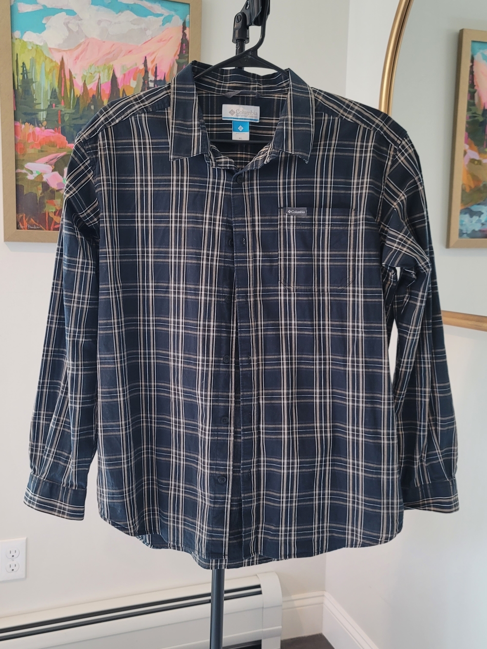 COLUMBIA Long Sleeve Button Down Plaid Shirt Charcoal Tan Men's Size XL